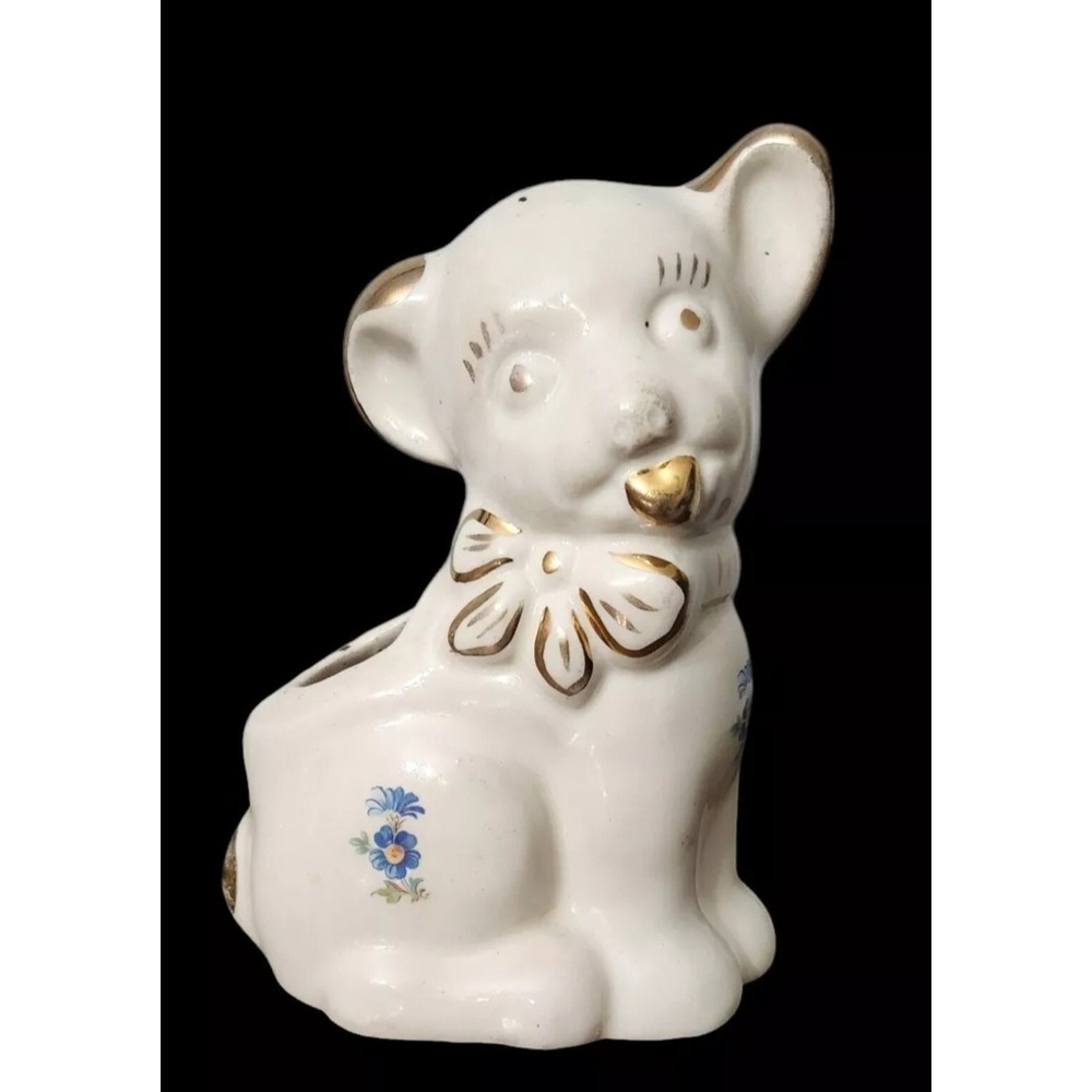 Vintage Ceramic 1940's Puppy Dog Planter Ivory Gold Gilt‎ Blue Flowers Signed